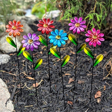 Load image into Gallery viewer, Colorful metal daisy garden stakes with vibrant petals planted in mulched garden bed
