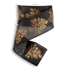 Load image into Gallery viewer, Black wired ribbon with gold glittery snowflake pattern and red accents on white spool