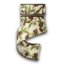 Load image into Gallery viewer, Cream colored holiday ribbon with pine cone and evergreen branch pattern, brown edges