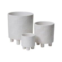 Load image into Gallery viewer, Three white ceramic footed planters with textured woven pattern in graduated sizes