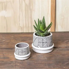 Load image into Gallery viewer, Two white ceramic planters with black geometric patterns, one containing a small succulent plant
