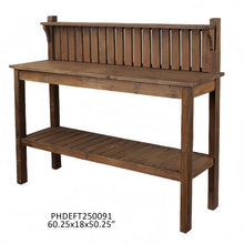 Load image into Gallery viewer, Brown wooden potting bench with slatted back panel and lower storage shelf