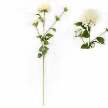 Load image into Gallery viewer, White dahlia artificial flower stems with green leaves on white background