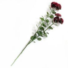 Load image into Gallery viewer, Artificial dusty rose sedum stem with burgundy pompom flowers and green leaves