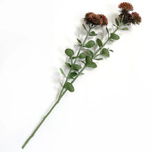 Load image into Gallery viewer, Artificial sedum stem with dusty reddish-brown globe flower heads and green leaves
