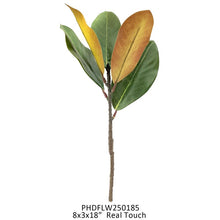 Load image into Gallery viewer, Artificial Southern Magnolia leaf pick with mixed green, yellow, and rust-colored foliage on natural-looking stem