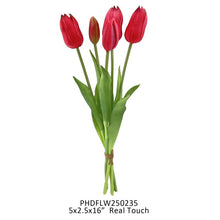 Load image into Gallery viewer, Bundle of five artificial red tulips with green stems tied together with brown string