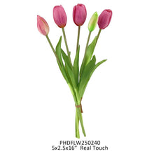 Load image into Gallery viewer, Bundle of five artificial pink and purple tulips with green stems tied together