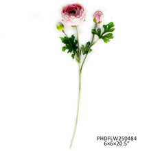 Load image into Gallery viewer, Light pink ranunculus artificial flowers with green foliage on white background