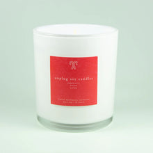Load image into Gallery viewer, White soy candle with red peppermint mocha coffee scented label from unplug apothecary collection