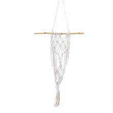 Load image into Gallery viewer, White macramé hanging plant holder with wooden rod and rope tassels