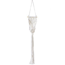 Load image into Gallery viewer, White macramé hanging plant holder with woven basket and long tasseled cords