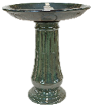 Load image into Gallery viewer, Large ceramic birdbath with decorative green glazed pedestal base and dark bowl top