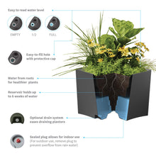 Load image into Gallery viewer, Self-watering planter with water level indicator, reservoir system, and drainage features
