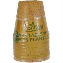 Load image into Gallery viewer, Stack of biodegradable coco coir plantable pots with green PlantBest branding