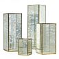 Load image into Gallery viewer, Three decorative lanterns in distressed blue-green finish with glass panels and metal frames