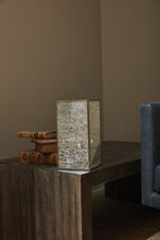 Load image into Gallery viewer, Rectangular glass lantern with aged mirror panels and brass frame on wooden surface