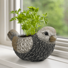 Load image into Gallery viewer, Decorative bird-shaped planter with textured feather details holding green parsley plant by window