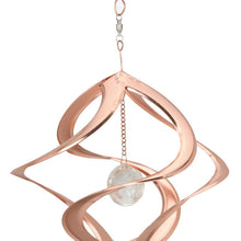 Load image into Gallery viewer, Copper-colored metal garden spinner with crystal ball center and twisted geometric design