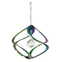 Load image into Gallery viewer, Rainbow iridescent metal garden spinner with hanging crystal ball and silver hook