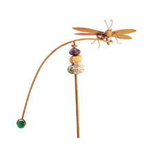 Load image into Gallery viewer, Wooden dragonfly garden stake with balanced stones and curved counterweight arm