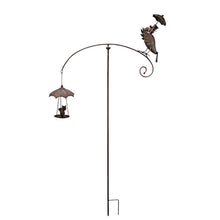 Load image into Gallery viewer, Brown metal garden stake with crow weather vane and hanging umbrella planter decoration