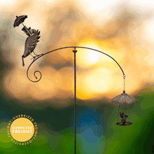 Load image into Gallery viewer, Black metal garden stake featuring crow with umbrella balancing small figure under umbrella against stormy sky