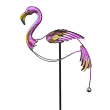 Load image into Gallery viewer, Purple and gold flamingo balancer garden stake with moving wings on black pole
