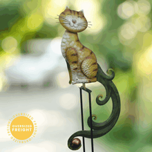 Load image into Gallery viewer, Decorative metal cat garden stake with smiling face and curled tail balancing mechanism