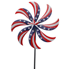 Load image into Gallery viewer, Patriotic pinwheel wind spinner with American flag design on black pole stake