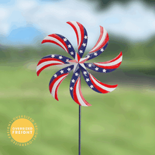 Load image into Gallery viewer, Patriotic red white blue wind spinner with stars and stripes on garden stake