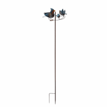 Load image into Gallery viewer, Decorative garden balancer stake with two blue birds on metal pole with ground stakes