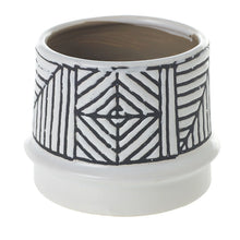 Load image into Gallery viewer, White ceramic planter pot with black geometric tribal pattern design