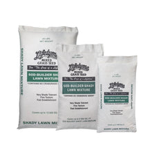 Load image into Gallery viewer, Three white bags of Lifetyme Sod-Builder Shady Lawn Mixture grass seed in different sizes