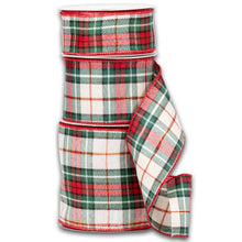 Load image into Gallery viewer, Red green white plaid Christmas ribbon spools with wired edges for holiday decorating