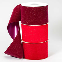 Load image into Gallery viewer, Three spools of sparkly holiday ribbon in burgundy and red colors with glitter finish