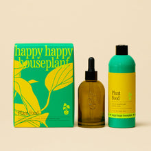 Load image into Gallery viewer, Happy Happy Houseplant Plant Food starter kit with green and yellow packaging, dropper bottle and fertilizer bottle