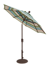 Load image into Gallery viewer, Tilted patio umbrella with colorful striped canopy and bronze aluminum pole on stand