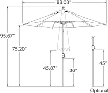 Load image into Gallery viewer, Technical diagram of 7.5-foot octagonal aluminum patio umbrella with push button tilt mechanism and dimensions