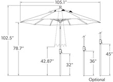 Load image into Gallery viewer, Technical diagram showing 9-foot octagonal patio umbrella with measurements and telescoping pole options