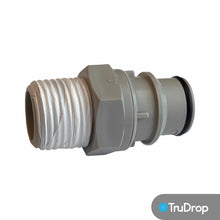 Load image into Gallery viewer, White plastic irrigation fitting with threaded connection and push-fit coupling with black O-ring seal
