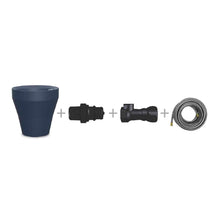 Load image into Gallery viewer, Blue planter pot with black drainage components and coiled hose attachment system