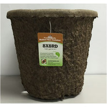 Load image into Gallery viewer, Brown fiber biodegradable plant pot with label showing 8X8RD sizing