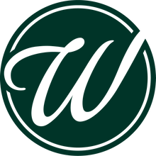 Load image into Gallery viewer, Dark green circular logo with stylized white letter W for nursery branding