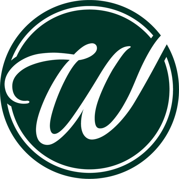Dark green circular logo with stylized white letter W for nursery branding