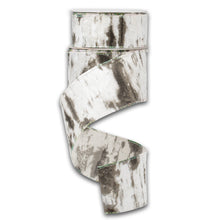 Load image into Gallery viewer, White and gray birch bark pattern holiday ribbon with green metallic wire edge