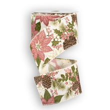 Load image into Gallery viewer, Floral Christmas ribbon with pink poinsettias, pinecones, and winter greenery on white spool
