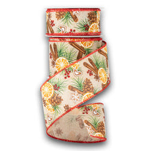 Load image into Gallery viewer, Festive holiday ribbon with pinecones, orange slices, cinnamon sticks, and red berries pattern