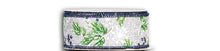 Load image into Gallery viewer, White burlap ribbon with green pine branch pattern and navy blue decorative edge trim
