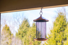 Load image into Gallery viewer, Copper-finished cylindrical bird feeder with mesh metal design hanging from wooden overhang